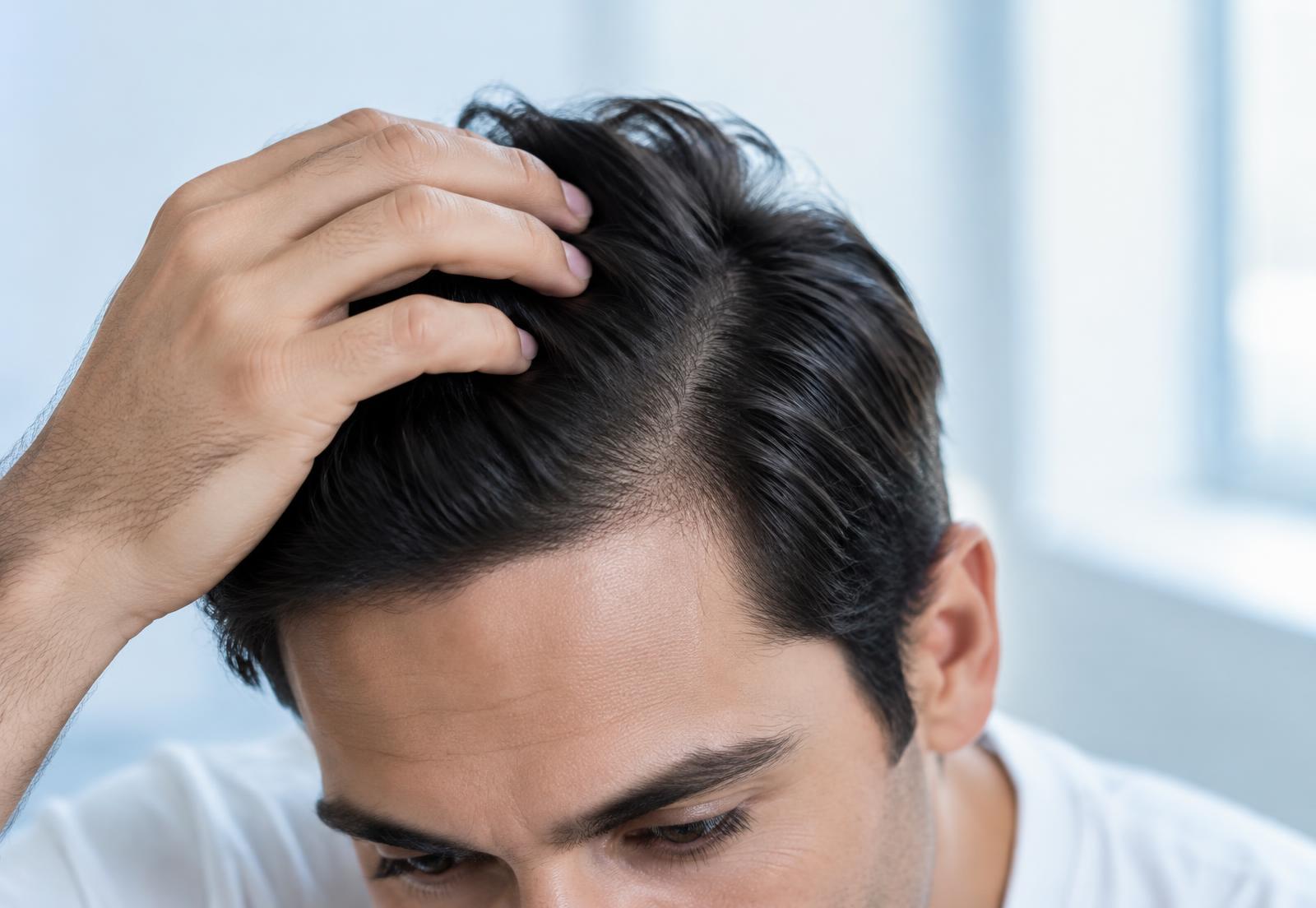 Hombre revisando la densidad de su cabello en la zona frontal del cuero cabelludo